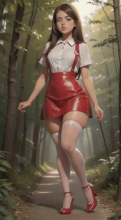 Cute teen , beautiful schoolgirl, beautiful cute teen face , red leather skater pinafore dress , transparent white blouse short sleeves , brunette long hair, beautiful eyes. stockings, high heel shoes , schoolgirl standing in the woods, photorealistic , curvy figure, sad face, curvy lips
