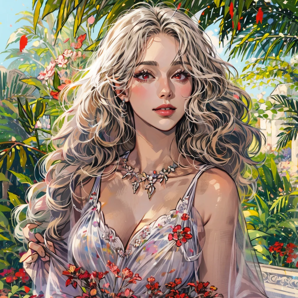 (absurdres, high resolution, ultra detailed, realistic, ),  portrait of one 18 year-old girl, solo female, elegance, long curly white hair, red eyes, large breasts, 1 female, simple elegance, elegant princess clothes, red lips, seductive smile, palm tree, jewelry, broad shoulders, fit close up, focus on face, background flower garden, ultra - detailed, best quality, Detailed diagram, vectorized, 8K,  Graphic design, vector lines, Full-HD