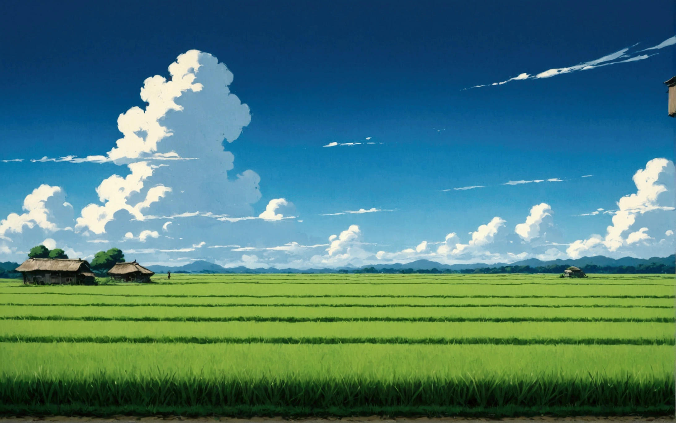 (minimalism:1.4), Rice fields, Studio Ghibli art, Miyazaki, pasture with blue sky and white clouds