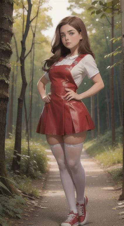   Cute young beautiful curvy schoolgirl Soviet pioneer,  beautiful cute teen face , red leather skater pinafore dress ,  transparent white blouse with short sleeves, brunette long hair,  beautiful eyes. stockings,  Sneakers, Soviet schoolgirl - standing in the woods ,   photorealistic , sad face, curvy figure, transparent  blouse with short sleeves