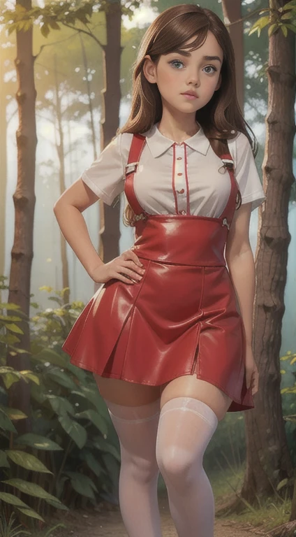   Cute young beautiful curvy schoolgirl Soviet pioneer,  beautiful cute teen face , red leather skater pinafore dress ,  transparent white blouse with short sleeves, brunette long hair,  beautiful eyes. stockings,  Sneakers, Soviet schoolgirl - standing in the woods ,   photorealistic , sad face, curvy figure, transparent  blouse with short sleeves