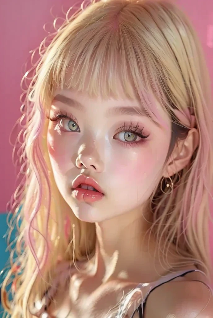 ((Extremely realistic)), ( super real), generate a highly realistic image, white backdrop,,-yeld fee,high school student、black long hair, I'm hiding my forehead with bangs,white-silver-colored eyes,Long False Eyelashes,Clear eyeliner、Thick lips,, Moisturized Lips with Clear Lip Balm、 Open the center of your lips、extremely detailed lips, large mouth, full, plump, lip balm to make your lips shiny and shiny、淡いpink lips, transparent lip gloss,