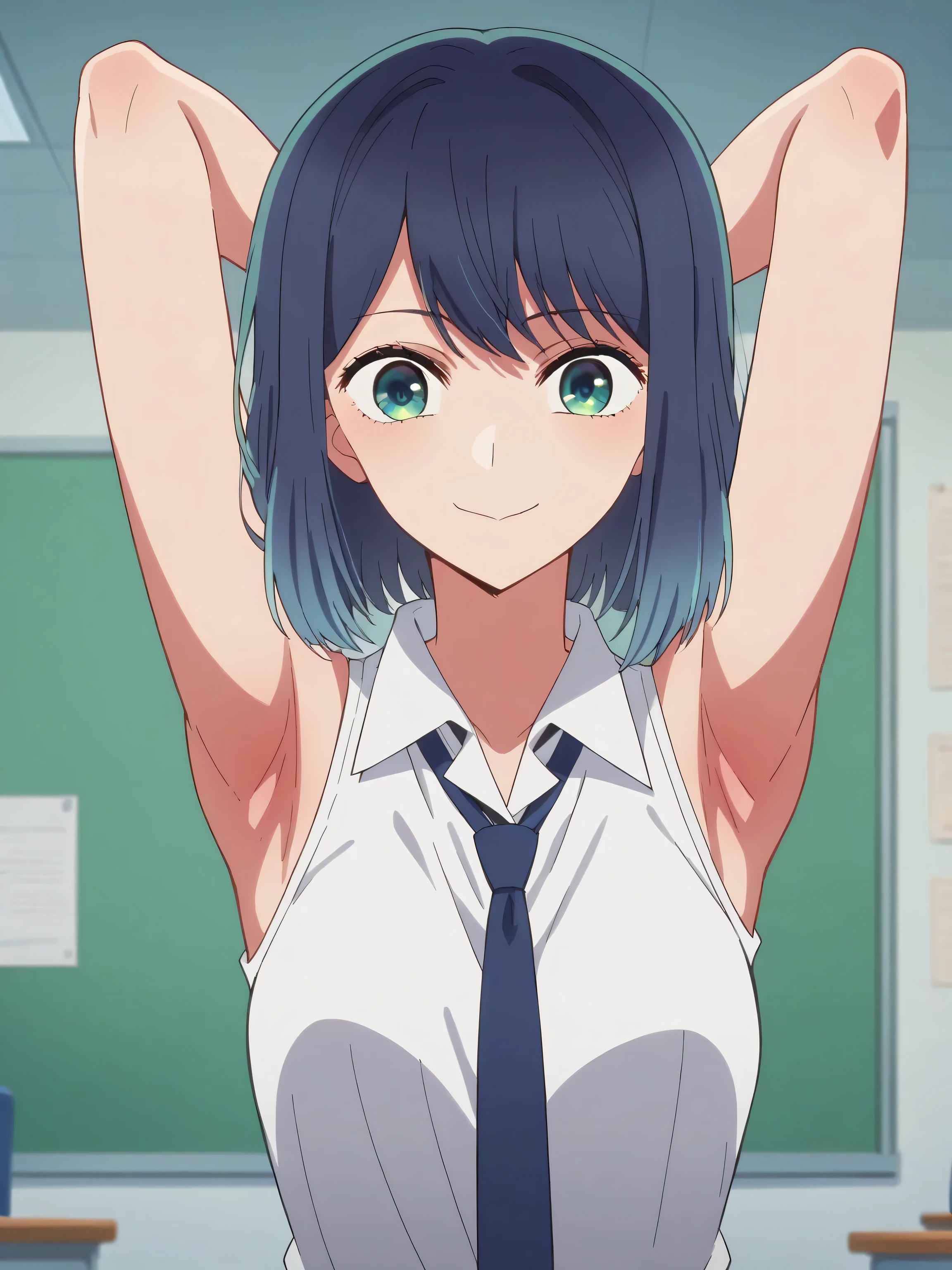 score_9, score_8_up, score_7_up, source_anime, anime screencap, 1girl, solo, indoors, classroom, akane kurokawa, bangs, green eyes, blue hair, medium hair, dark blue hair, shirt, white shirt, necktie, collared shirt, blue necktie, sleeveless shirt, looking at viewer, head towards viewer, arms up, raised arms, armpits, smile, closed mouth, medium breasts 