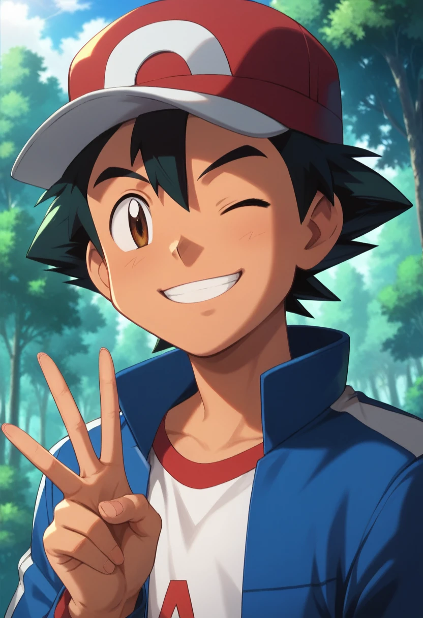 (master piece), (best quality), (8k), (ultra high resolution), (highest quality), (anime style), (best writing), (beautiful face), (masterpiece), (highest quality), (detailed beautiful face and eyes), (textile shading), (upper body), (forest), 1 boy, ash ketchum, black hair, short hair, brown eyes, hair between eyes, red baseball cap, open blue jacket, black t-shirt, blue jeans, smile, one eye closed, peace