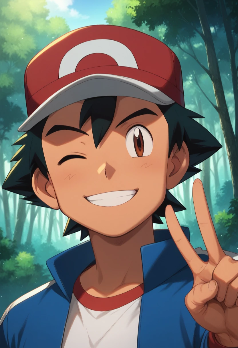 (master piece), (best quality), (8k), (ultra high resolution), (highest quality), (anime style), (best writing), (beautiful face), (masterpiece), (highest quality), (detailed beautiful face and eyes), (textile shading), (upper body), (forest), 1 boy, ash ketchum, black hair, short hair, brown eyes, hair between eyes, red baseball cap, open blue jacket, black t-shirt, blue jeans, smile, one eye closed, peace