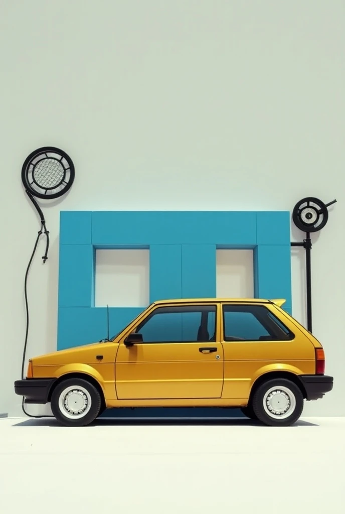 A golden 1990 chevette with white wheels along with a blue square goal with a black wheel, written behind them "chimpaandzés "