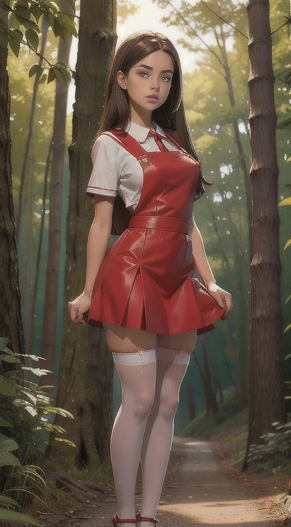 Cute teen , beautiful schoolgirl, beautiful cute teen face , red leather skater pinafore dress , transparent white blouse short sleeves , brunette long hair, beautiful eyes. stockings, high heel shoes , schoolgirl standing in the woods, photorealistic , curvy figure, sad face, curvy lips