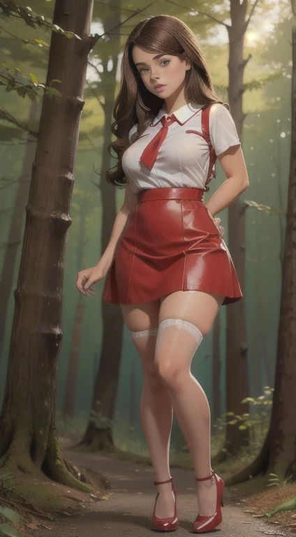 Cute  , beautiful schoolgirl, beautiful cute teen face , red leather skater pinafore dress , transparent white blouse short sleeves , brunette long hair, beautiful eyes. stockings, high heel shoes , schoolgirl standing in the woods, photorealistic , curvy figure, sad face, curvy lips