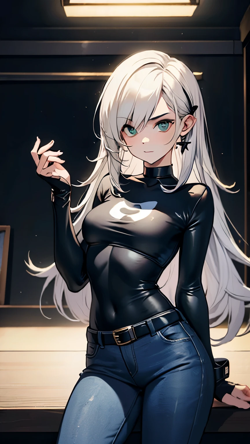 (masterpiece), danny phantom, best quality, green eyes, perfect face, highres, 1girl, solo, (female:1.5), cute, white hair, long hair, white fingerless gloves, black t shirt, leather jacket, jeans, indoors, cute pose, cowboy shot, looking at the viewer, fullbody shot, long boots, 
Alta resolução, Detalhes altos, Super detalhe, 