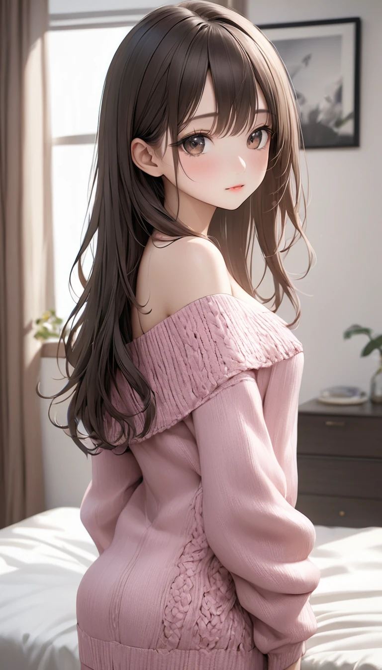 8K Ultra HD、RAWphotograph、 (masterpiece、 Redeem、Realistic、 High Resolution 、photograph:1.3)、concentrated、slim、Small Face、No makeup、 long hair、 beautiful dark brown eyes 、real skin、( perfect bodies )、  beautiful eyes with attention to detail  、Small breasts、cute、(((Delicate and detailed pink off-the-shoulder knit、)))、bright modern room、 emphasizes cleavage 、whole body、Looking back、