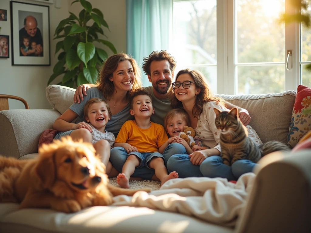 Family hugging a dog and a cat