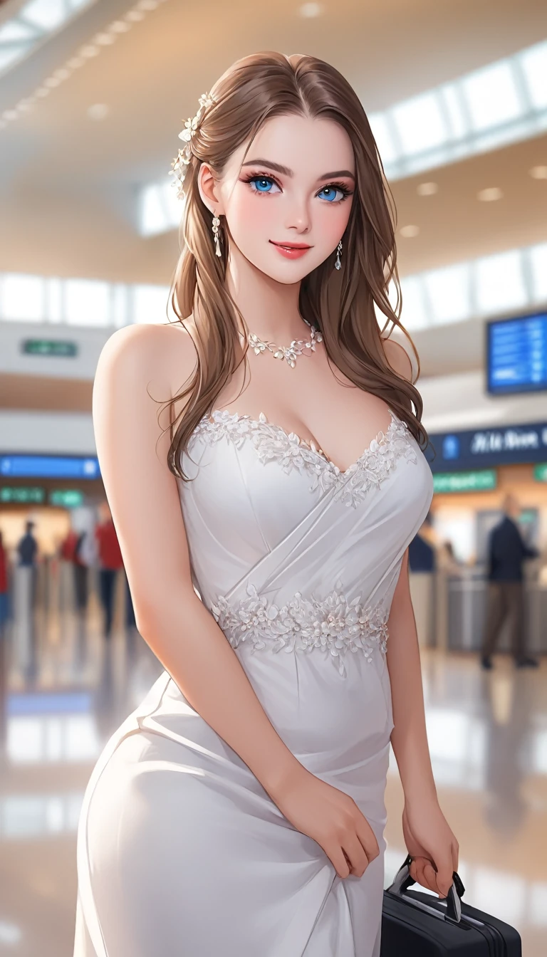 Sorry for being cute, happy for being beautiful, the most beautiful lady in history, beautiful posture, beautiful eyes, detailed face, femininity, tolerance, airport lobby, blurred background, digital painting