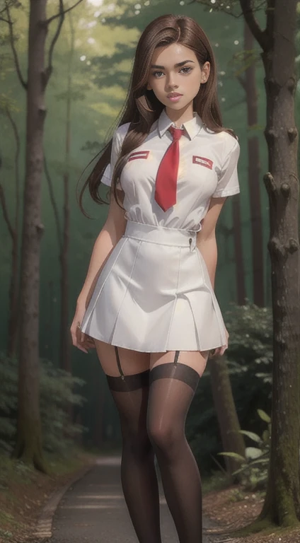 Cute teen , beautiful schoolgirl, beautiful cute teen face , black leather skater pinafore dress , transparent white blouse short sleeves , red tie, brunette long hair, beautiful eyes. stockings, high heel shoes , schoolgirl standing in the woods, photorealistic , curvy figure, sad face, curvy lips