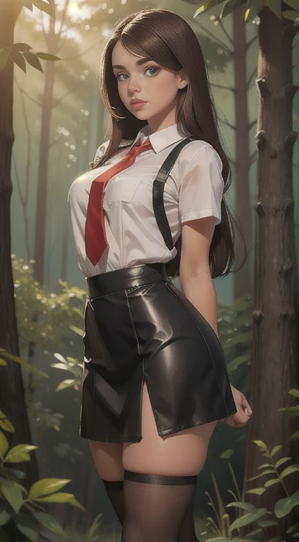 Cute  , beautiful schoolgirl, beautiful cute teen face , black leather skater pinafore dress , transparent white blouse short sleeves , red tie, brunette long hair, beautiful eyes. stockings, high heel shoes , schoolgirl standing in the woods, photorealistic , curvy figure, sad face, curvy lips