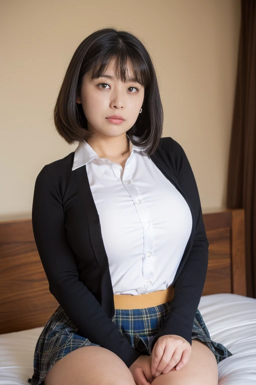 alone、Natural body shape、White skin、Natural Makeup、Black Hair、bangs、Straight Long Hair、、(expensive  、Beige long sleeve cardigan、White blouse、blue plaid pleated skirt)、Big Breasts、((The upper body is wearing a uniform))、(((((Looking at the camera)))))、(((Portrait from head to knee)))、(((Exposing thighs)))、Bedroom、On the bed、Sitting、((Focus on the crotch))