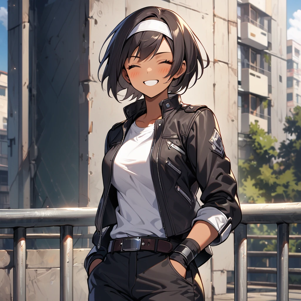 1girl, solo, breasts, blush, smile, short hair, bangs, shirt, black hair, gloves, jacket, closed eyes, white shirt, cowboy shot, hairband, outdoors, open clothes, black gloves, belt, pants, dark skin, fingerless gloves, grin, open jacket, dark-skinned female, black jacket, headband, ^ ^, black pants, facing viewer, hand in pocket, white hairband, railing, white headband