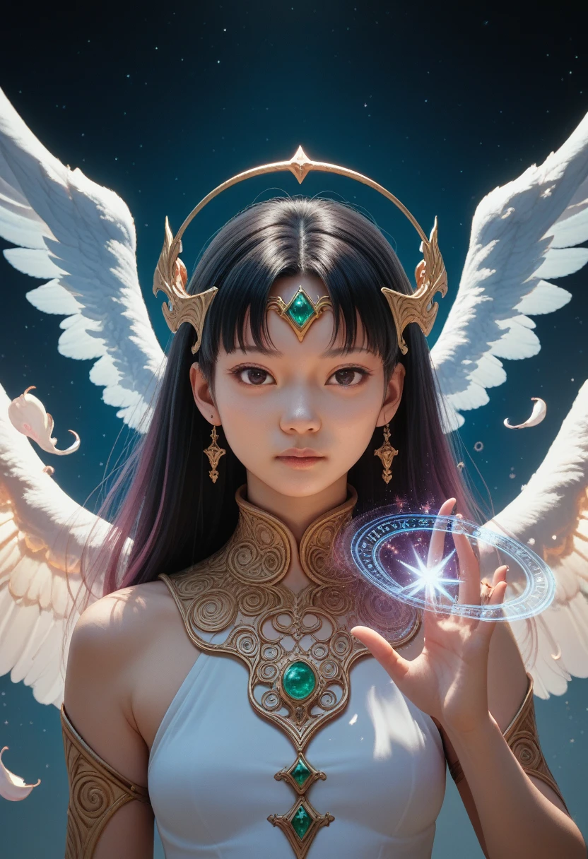 (style_ethereal_fantasy,visual appealing,synced,intricate character design,mystica:1.2)(Photorealistic:0.3)1 girl,asian,Angel,magic