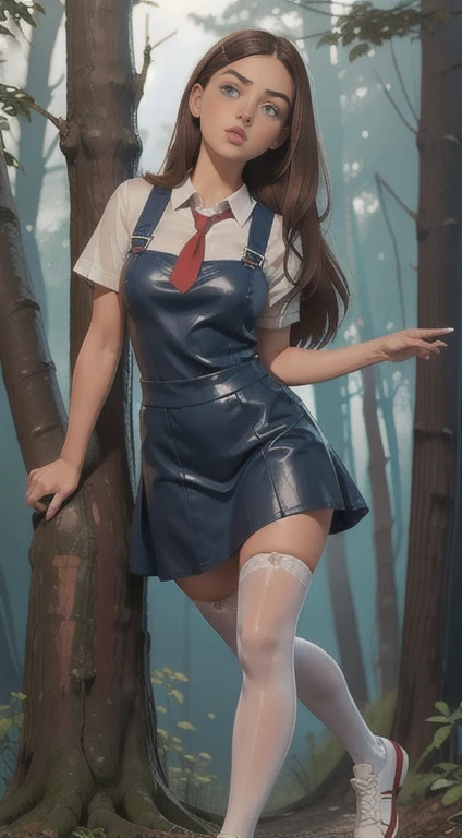   Cute young beautiful curvy schoolgirl Soviet pioneer,  beautiful cute teen face , blue leather skater pinafore dress ,  transparent white blouse with short sleeves, red tie, brunette long hair,  beautiful eyes. stockings,  Sneakers, Soviet schoolgirl - standing in the woods ,   photorealistic , sad face, curvy figure, transparent  blouse with short sleeves