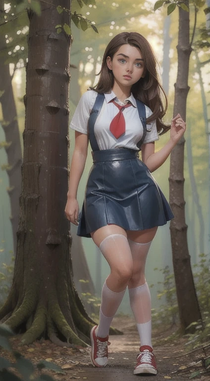   Cute young beautiful curvy schoolgirl Soviet pioneer,  beautiful cute teen face , blue leather skater pinafore dress ,  transparent white blouse with short sleeves, red tie, brunette long hair,  beautiful eyes. stockings,  Sneakers, Soviet schoolgirl - standing in the woods ,   photorealistic , sad face, curvy figure, transparent  blouse with short sleeves