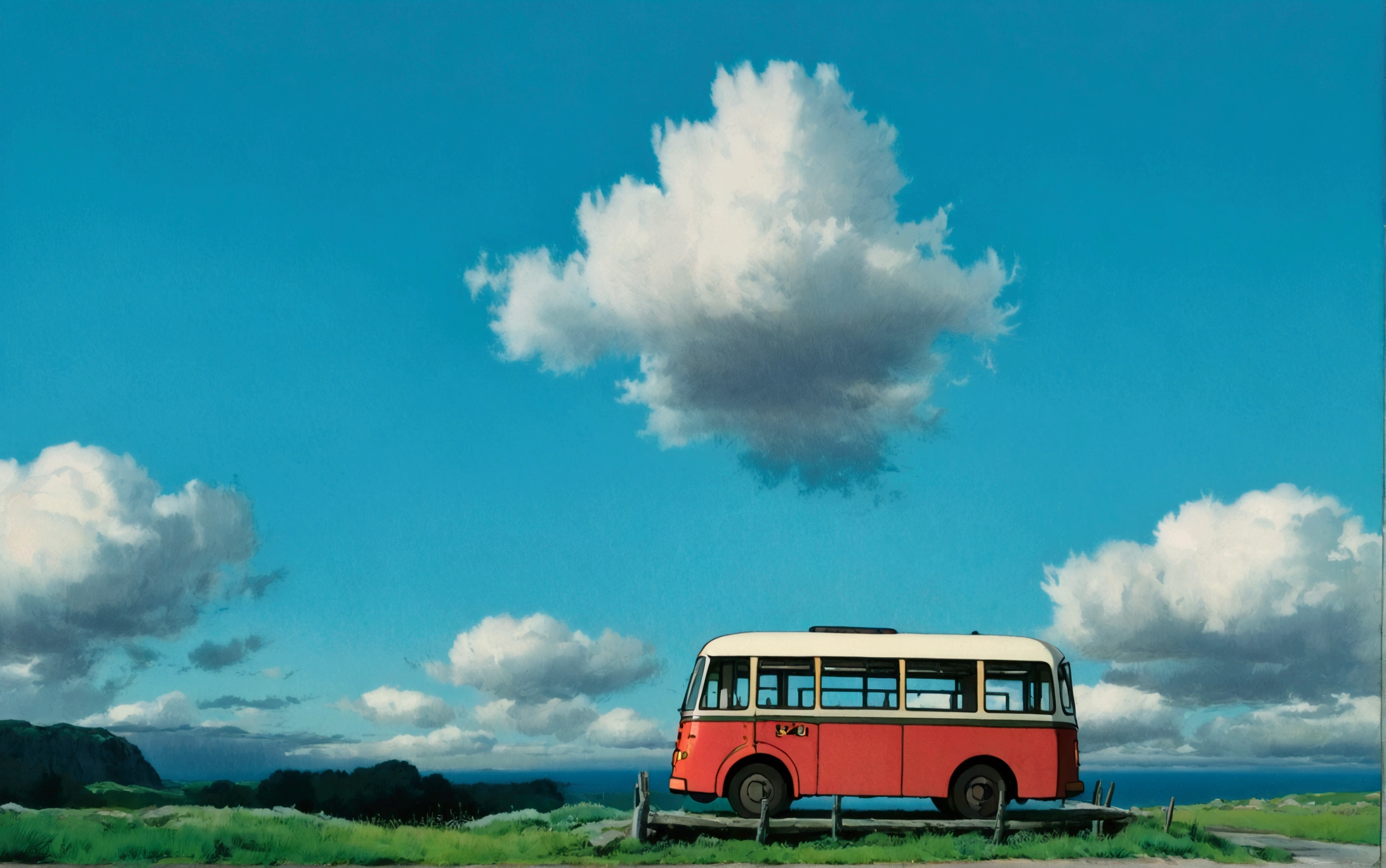 (minimalism:1.4), Bus stop Bus stop waiting area, Studio Ghibli art, Miyazaki, pasture with blue sky and white clouds