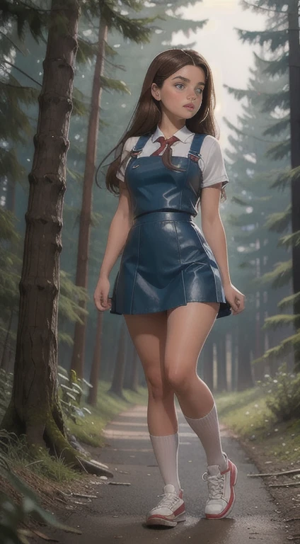   Cute young beautiful curvy schoolgirl Soviet pioneer,  beautiful cute teen face , blue leather skater pinafore dress ,  transparent white blouse with short sleeves, red tie, brunette long hair,  beautiful eyes. stockings,  Sneakers, Soviet schoolgirl - standing in the woods ,   photorealistic , sad face, curvy figure, transparent  blouse with short sleeves