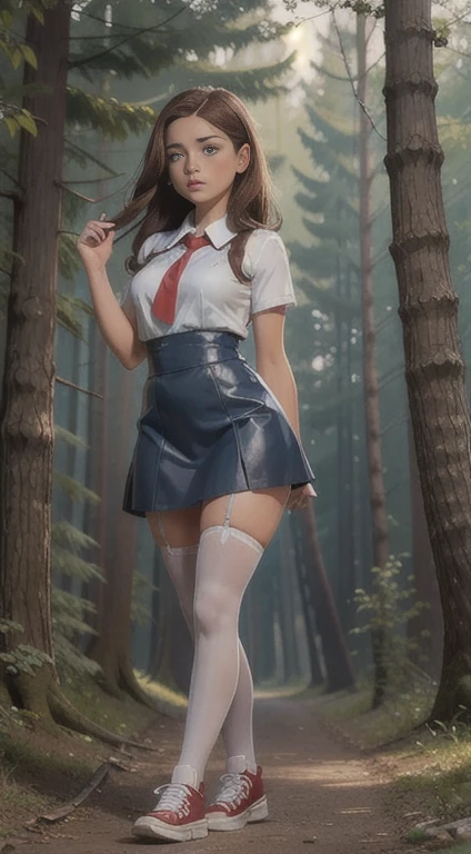   Cute young beautiful curvy schoolgirl Soviet pioneer,  beautiful cute teen face , blue leather skater pinafore dress ,  transparent white blouse with short sleeves, red tie, brunette long hair,  beautiful eyes. stockings,  Sneakers, Soviet schoolgirl - standing in the woods ,   photorealistic , sad face, curvy figure, transparent  blouse with short sleeves