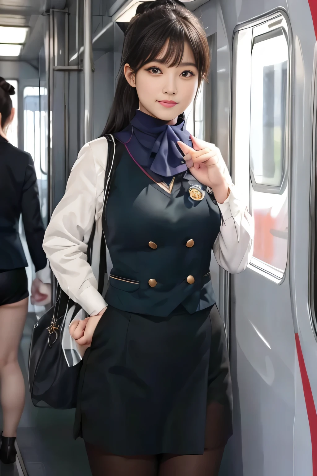 (masterpiece:1.2, Best Quality:1.2), 32K HDR,  High Resolution , (Alone、 1 girl)、（on board、 professional lighting that protrudes forward）、In-flight background、（Nankai Train crew uniformを着たリアルスタイル）、（（ Nankai Train Crew Uniform Collarless Blouse Long Sleeve 、  Black Curled Culottes Skirt 、Scarf around the neck））、Dark brown hair、（ long hair、Hair tied up、Hair tied up）、Dark brown hair、 LONG SHOT 、Big Breasts、Thin legs、（（Great hands：2.0）），（（ Harmonious Body Proportions：1.5）），（（Normal limbs：2.0）），（（Normal finger：2.0）），（（Delicate eyes：2.0）），（（Normal eyes：2.0））)、smile、（Nankai Train crew uniformを見せた美しい姿）、Hands clasped underneath
