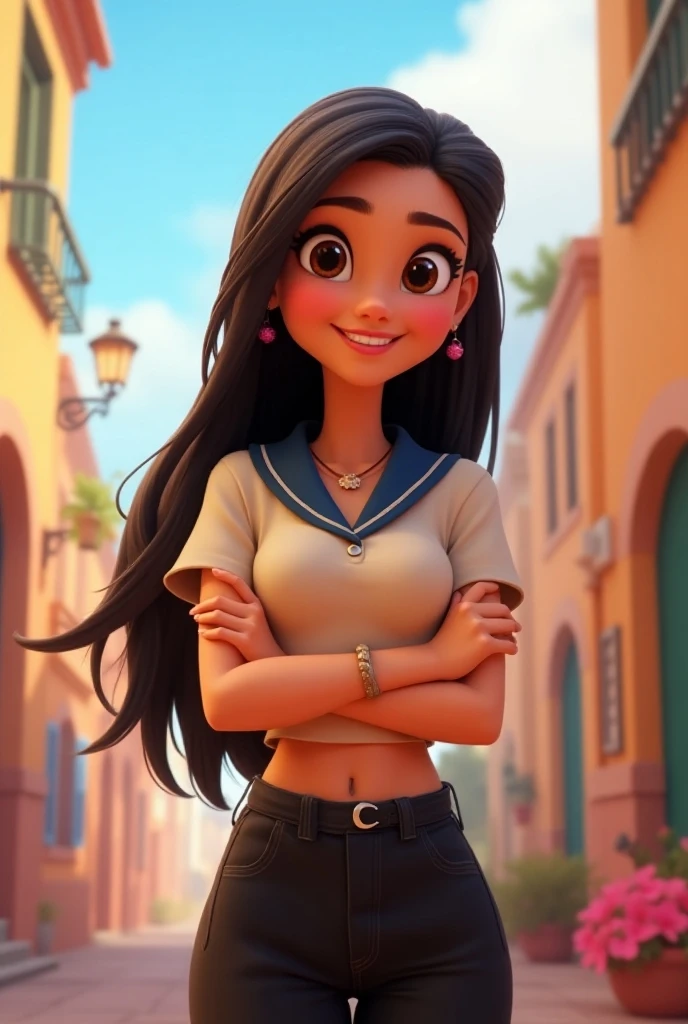 Disney -pixar movi poster Cute  with bright smile stands with her arms around her chest Wearing a short sleeved shirt with navy collar, long hair to the back, wearing black high-waisted pants 3D Disney-pixar style