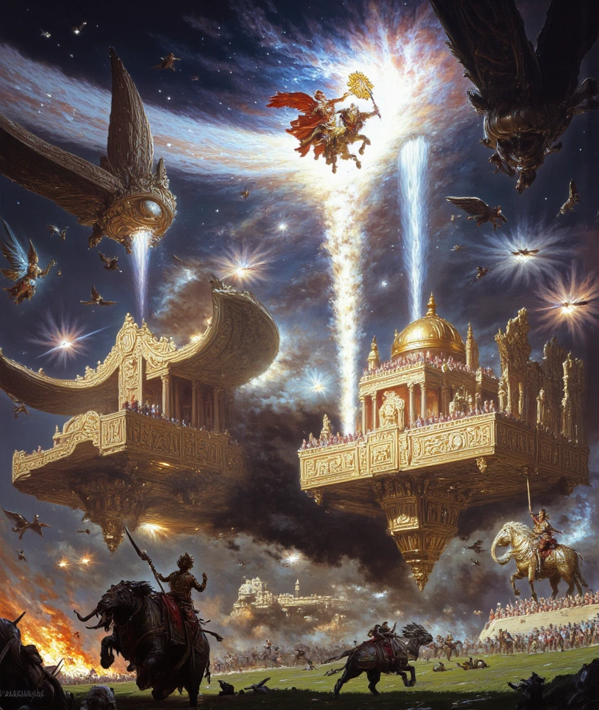 Create an epic scene of the celestial war from the Mahabharata, reminiscent of the grand scale of the Avengers: Endgame battle, but set in an ancient Indian world. The battlefield is a vast, otherworldly plain under a twilight sky filled with swirling galaxies and nebulae. In the skies above, massive space warcrafts engage in combat, their designs inspired by ancient Indian chariots, with golden domes and intricate carvings. Flying chariots pulled by celestial horses and massive, armored elephants soar through the air, their riders wielding glowing weapons of divine power. Huge, reptilian flying creatures, some resembling dragons, others like colossal serpents with wings, dominate the sky, clashing with monstrous asuras (demons) who command fearsome beasts. On the ground, ancient temples of stone and gold shaped like massive chariots, move across the battlefield, each pulled by a team of sacred elephants. The temples are adorned with intricate carvings of deities and are surrounded by warriors in traditional armor, fighting amidst beams of energy, fire, and lightning. The entire scene is a chaotic yet awe-inspiring clash of divine forces, blending ancient mythology with cosmic, futuristic elements.