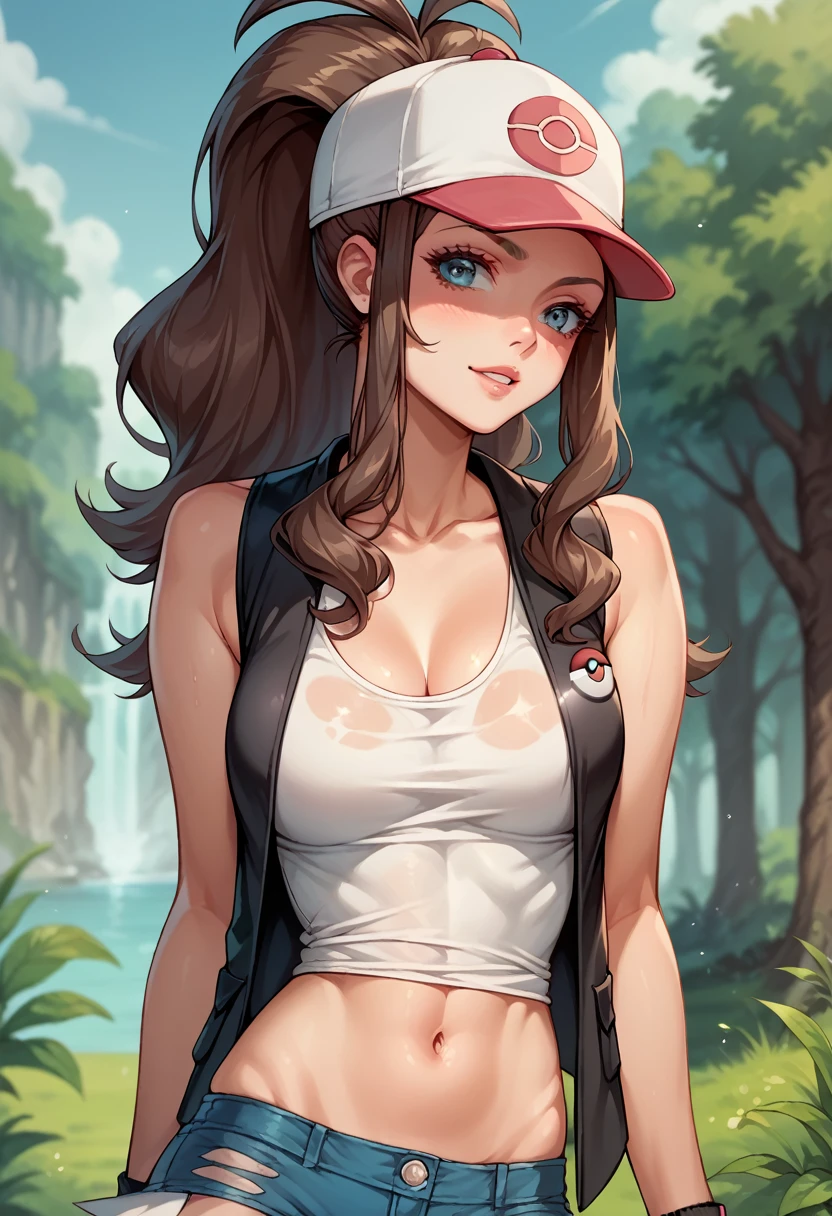 Hilda, PokemonBW, hotpants, cap, ponytail, black vest, open vest, sleeveless