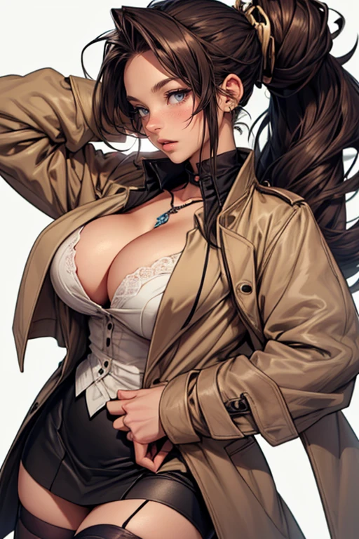 a thicc anime girl mid back brown wavy hair and chocolate brown eyes, and large breasts wearing a trench coat naked under it except for black Stocking and Garter belt