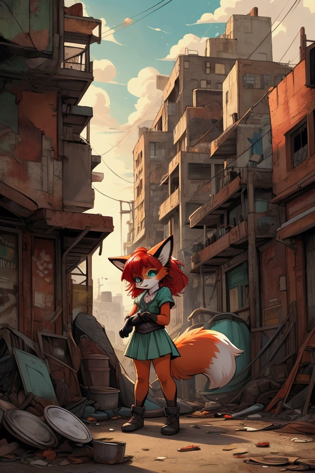 a small bodied anthro fox girl with red hair and seafoam green eyes and orange fur with black glove markings in secondhand clothes playing alone in a rusting urban public playground, in a graphic novel style