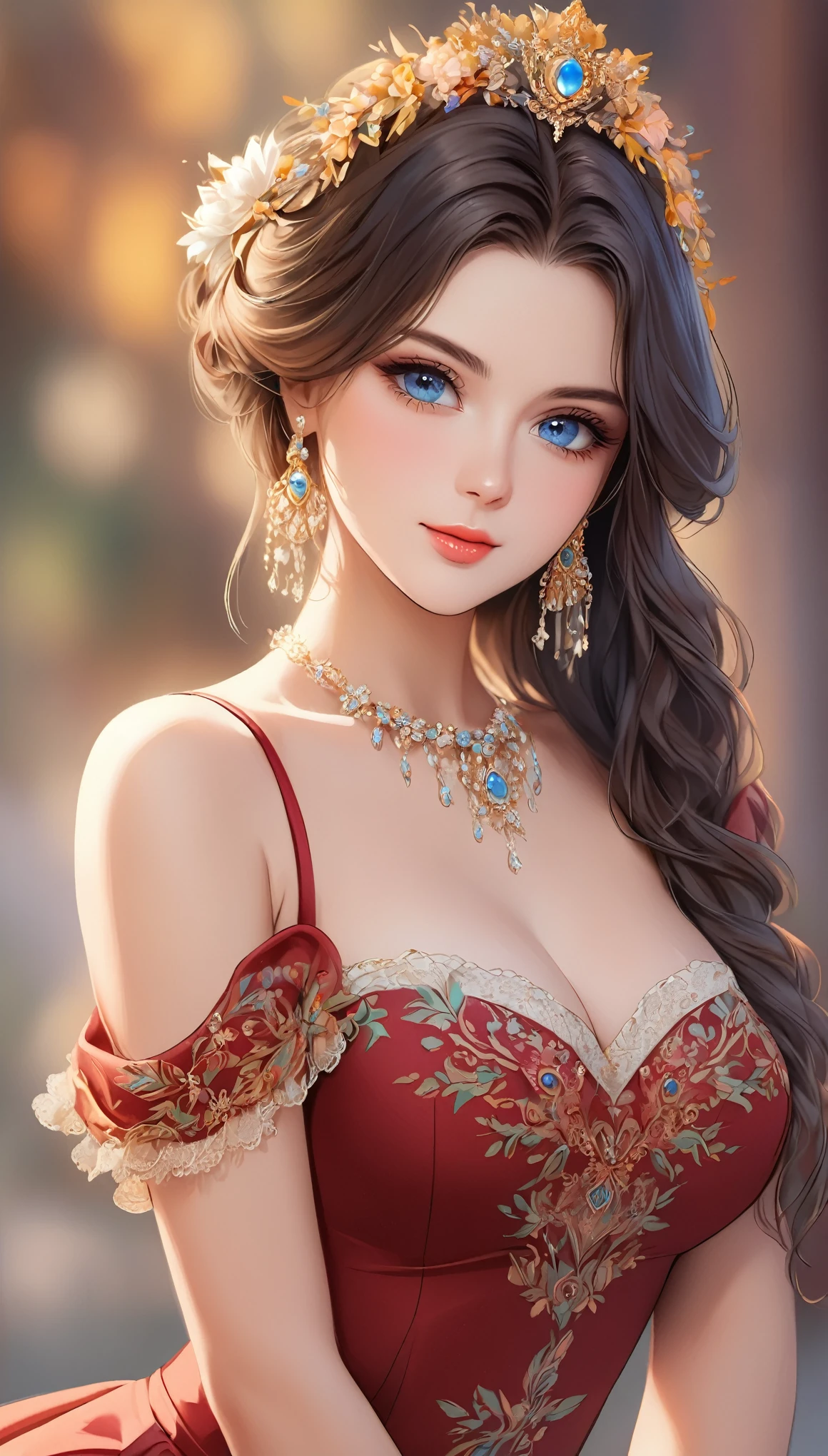 Sorry for being cute, happy for being beautiful, the most beautiful lady in history, beautiful posture, beautiful eyes, detailed face, femininity, tolerance, blurred background, digital painting