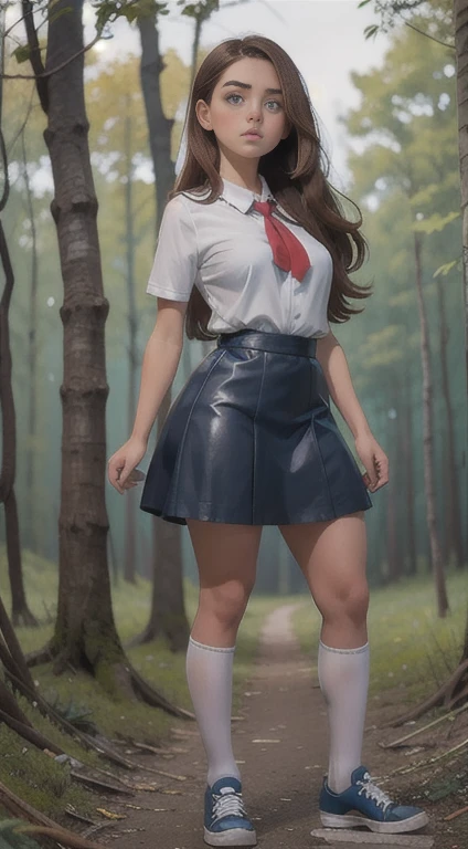   Cute young beautiful curvy schoolgirl Soviet pioneer,  beautiful cute teen face , blue leather skater pinafore dress ,  transparent white blouse with short sleeves, red tie, brunette long hair,  beautiful eyes. stockings,  Sneakers, Soviet schoolgirl - standing in the woods ,   photorealistic , sad face, curvy figure, transparent  blouse with short sleeves