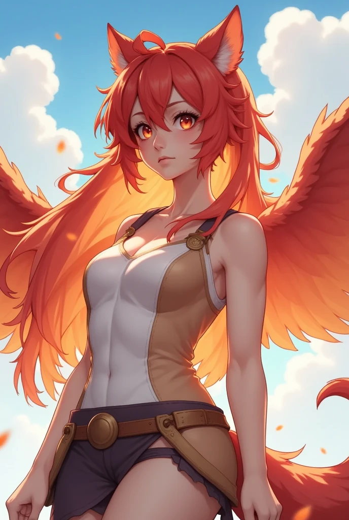  An anime-style anthropomorphic female character 。 has red and orange feathers like fire 、 has long, fiery hair 。 has the shape of a human woman 、 has large feathers spread out on her back 。 Feather decorations are incorporated into fantasy style costumes、 makes you feel the power of fire 。Has a strong expression 、 has impressive eyes with burning passion 。The background is bright、 A refreshing scene with white clouds floating in the blue sky 。