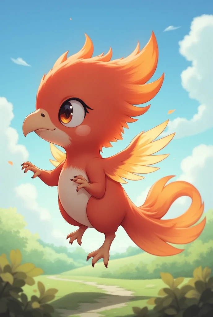  anime-style baby Phoenix character 。Still small 、 a cute figure that seems to be covered in fluffy red and orange feathers。 how hard it is spreading its small wings and trying to fly 、 with characteristic young feathers still wearing small flames 。 with a round face and big eyes 、She has an innocent and adorable look。The background is bright、 A refreshing atmosphere in the blue sky and green prairie 