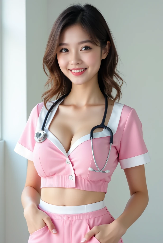 (photo : 1.4), (hyper : 1.4), (: 1.3), ( Smoother lighting : 1.05), (Improving the quality of cinema lighting: 0.9), Natural Light,  Professional Photos,  portrait , (1 female),  medium length hair , Beautiful face and eyes,  very cute face, smile,  energy ,  energy , (Super mini nurse outfit : 1.2), Light Pink, white, (Chest Open Nurse Outfit  :1.4), (district), Stethoscope, white wallpaper, Portrait of, ( view from below :1.2)
