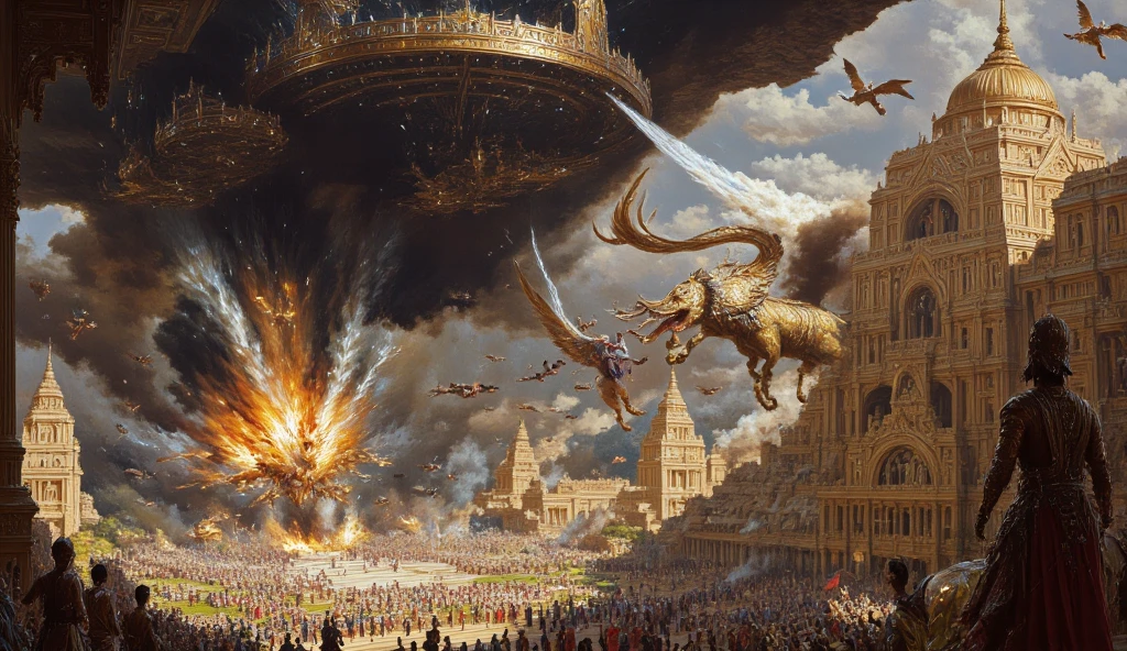 Create an incredibly detailed Renaissance painting of the celestial war from the Mahabharata, reminiscent of the grand scale of the Avengers: Endgame battle, avtar, dune, game of thrones mixup but set in an ancient Indian world. The battlefield is a vast, In the skies above, massive space warcrafts engage in combat, their designs inspired by ancient Indian chariots with intricate carvings. Flying chariots pulled by celestial horses and massive. Huge, reptilian flying creatures, some resembling dragons, others like colossal serpents with wings, dominate the sky, clashing with monstrous asuras (demons) who command fearsome beasts. On the ground, ancient temples of stone and gold shaped like massive chariots, move across the battlefield, each pulled by a team of sacred elephants. The temples are adorned with intricate carvings of deities and are surrounded by warriors in traditional armor, fighting amidst beams of energy, fire, and lightning. Clash of divine forces, blending ancient mythology with cosmic, futuristic elements.