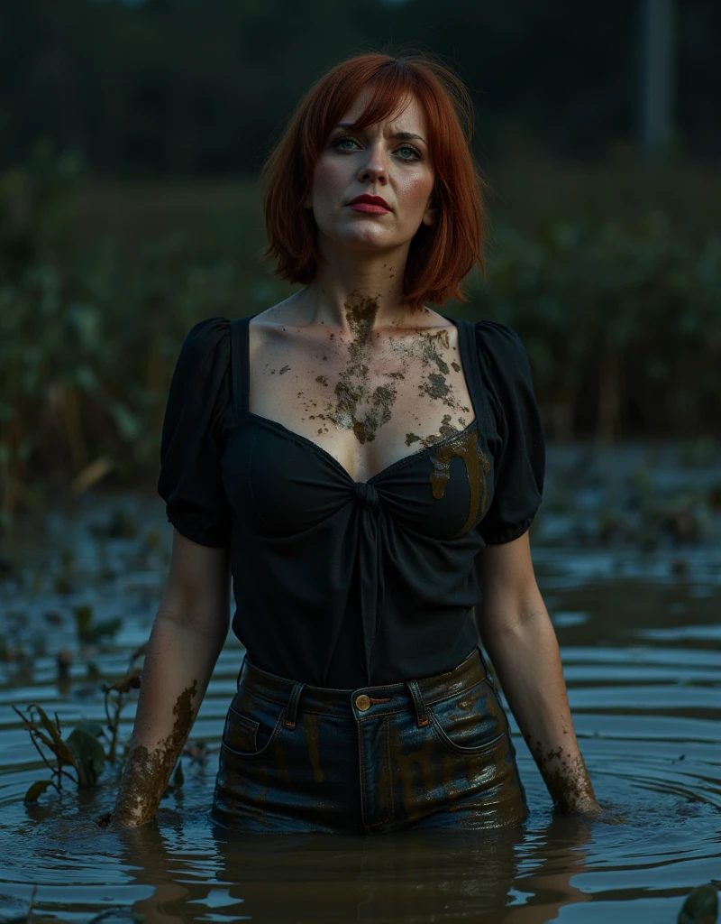 Hyper-realistic, ultradetailed, Raw, masterpiece. (a closeup portrait). A night in a dark forest. 40-years-old woman is drowning in a quicksand sticky cement bog. The swamp sexually devours her body. ((on face: fright, depraved)). pencil skirt, stockings, (t-shirt), shortness of breath, shameful, loses control of himself, ((Trapped in lust, worn out, defenseless)), Copper-red hair, sweat, hard breath