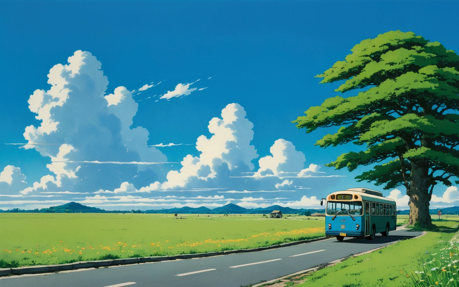 (minimalism:1.4), Bus stop , Studio Ghibli art, Miyazaki, pasture with blue sky and white clouds