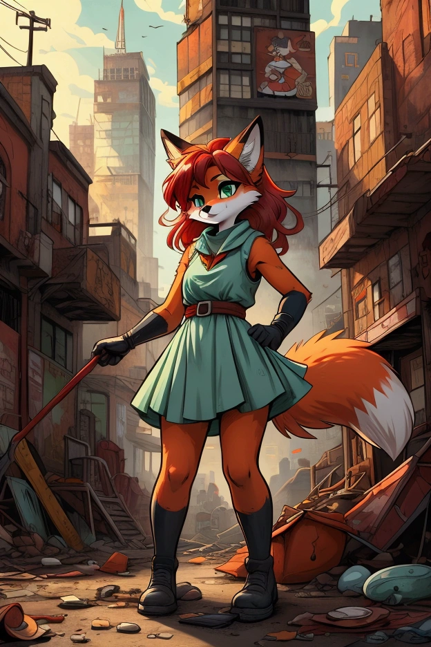 a small bodied anthro fox girl with red hair and seafoam green eyes and orange fur with black glove markings in secondhand clothes playing alone in a rusting urban public playground, in a graphic novel style