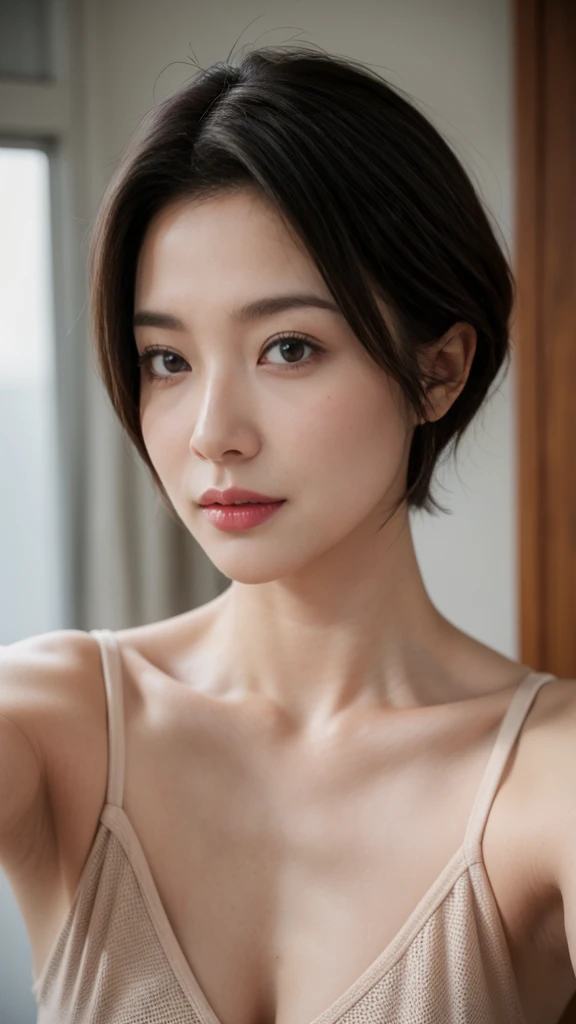 solo,  Turn your gaze,  High Resolution ,  anatomically correct,  ultra-fine,  textured skin, woman、40 years old、Center parted very short hair、Large Breasts、 perfect style 、Selfie Style、 face close-up 、