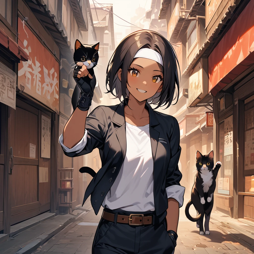 One Girl, A cat,  short hair, slightly larger chest , Dark Skin Tone, Black Hair, She is wearing ((Black jacket with sleeves rolled up)),  fingerless gloves,  white t-shirt, (( White Headband )), Black Pants, White shoes, Brown Belt.  The girl is smiling and pointing her finger over her head.  The kitten is perched on the girl's head , Her legs are hanging down .  The cat also looks relaxed .  The Japanese cityscape with a beautiful warm background color .