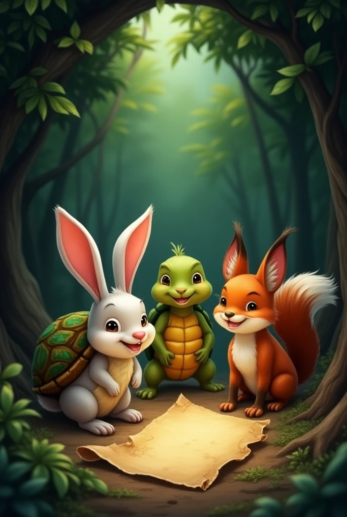 Create a beautiful picture of a fox, a rabbit and a tortoise waling along a jungle trail