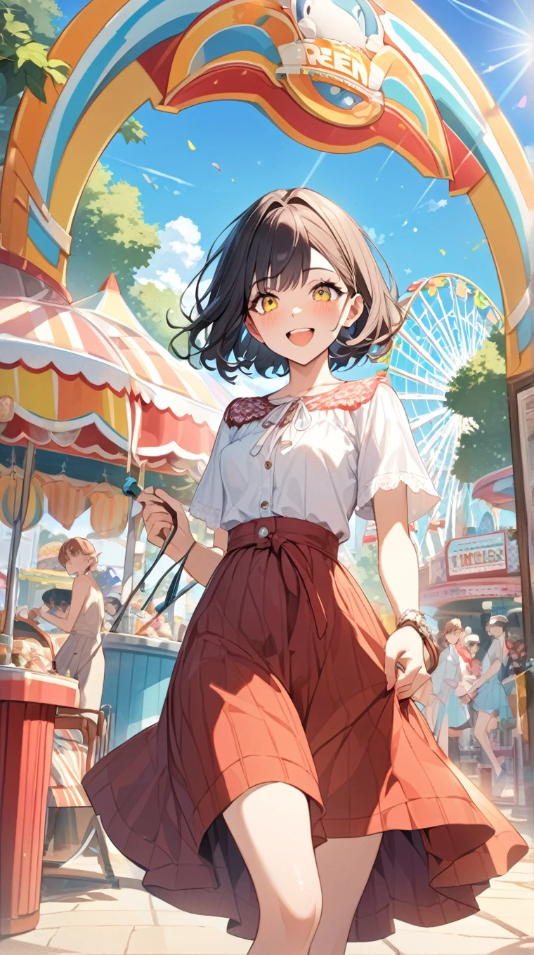 masterpiece, 1girl, solo, brown hair, short hair, brown eyes, orange hat, white shirt, orange skirt, orange gloves, smile, open mouth, closed eyes, arms extended, seen from behind, full body, outdoors, amusement park, cowboy shot <lora:Kurara:1>