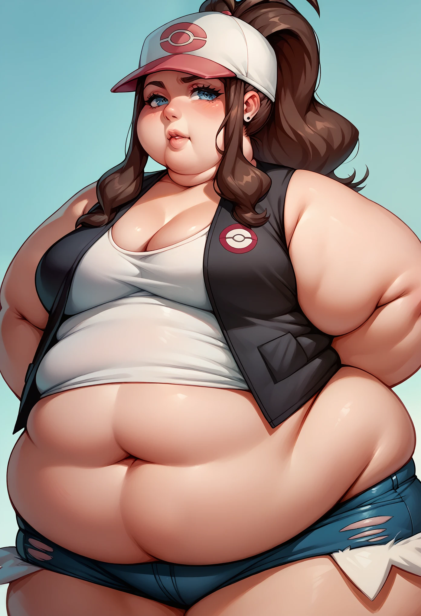 Hilda, PokemonBW, hotpants, cap, ponytail, black vest, open vest, sleeveless, fat, chubby, obese 