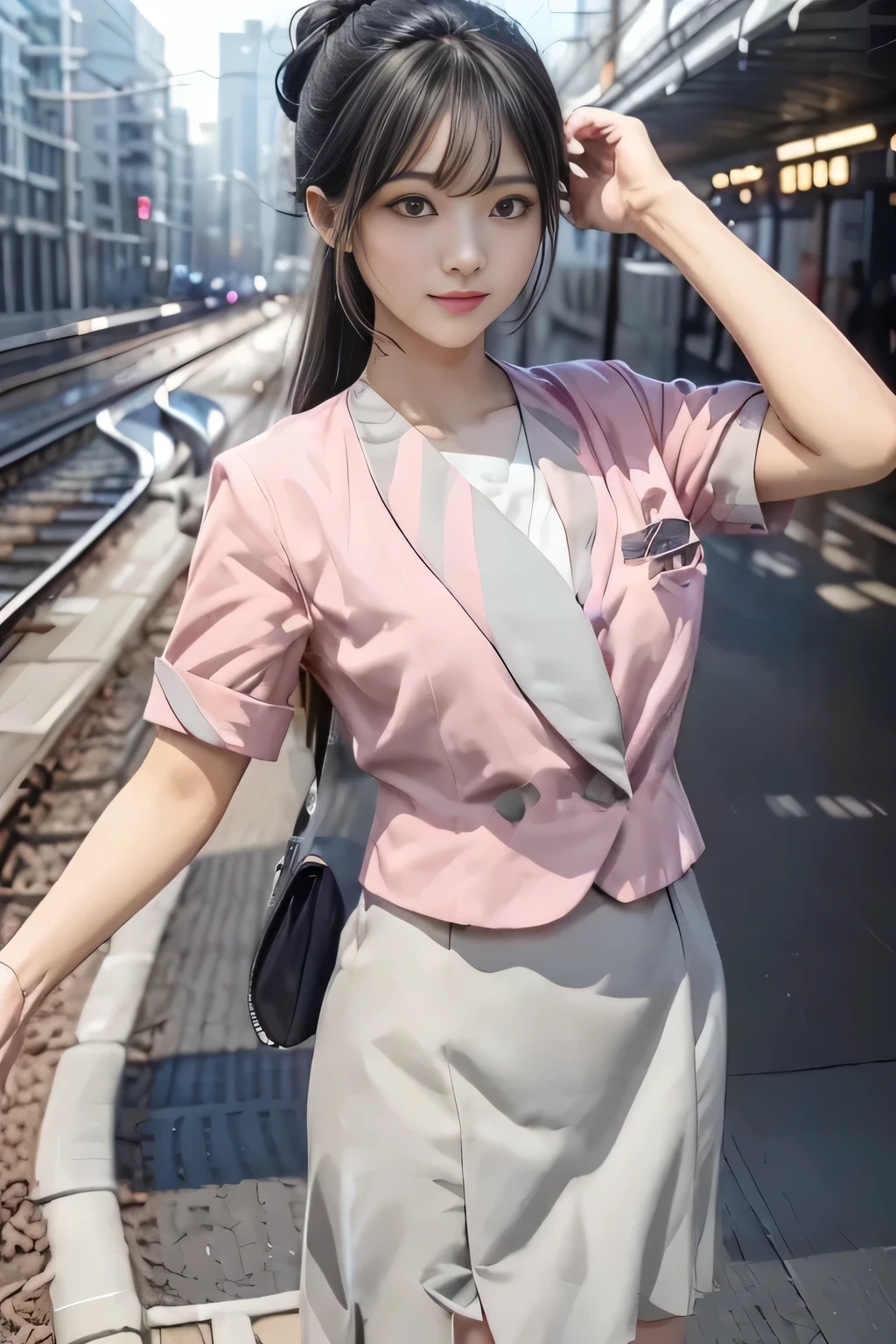 (masterpiece:1.2, Best Quality:1.2), 32K HDR,  High Resolution , (Alone、 1 girl)、（on board、 professional lighting that protrudes forward）、In-flight background、（Nankai train crew uniform pinkを着たリアルスタイル）、（（ pink short sleeve jacket from Nankai train crew uniform pink、collarless blouse short sleeve  、  gray wrapped culotte skirt ））、Dark brown hair、（ long hair、Hair tied up、Hair tied up）、Dark brown hair、 LONG SHOT 、Big Breasts、Thin legs、（（Great hands：2.0）），（（ Harmonious Body Proportions：1.5）），（（Normal limbs：2.0）），（（Normal finger：2.0）），（（Delicate eyes：2.0）），（（Normal eyes：2.0））)、smile、（Nankai train crew uniform pinkを見せた美しい姿）、Hands clasped underneath 