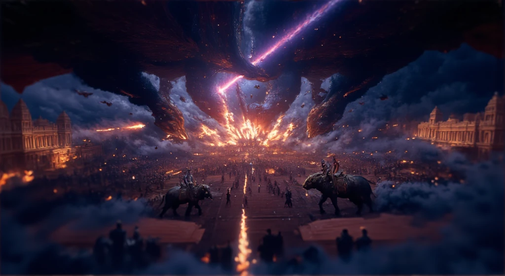 Create an incredibly detailed Renaissance painting of the celestial war from the Mahabharata, reminiscent of the grand scale of the Avengers: Endgame battle, avtar, dune, game of thrones mixup but set in an ancient Indian world. The battlefield is a vast, In the skies above, massive space warcrafts engage in combat, their designs inspired by ancient Indian chariots with intricate carvings. Flying chariots pulled by celestial horses and massive. Huge, reptilian flying creatures, some resembling dragons, others like colossal serpents with wings, dominate the sky, clashing with monstrous asuras (demons) who command fearsome beasts. On the ground, ancient temples of stone and gold shaped like massive chariots, move across the battlefield, each pulled by a team of sacred elephants. The temples are adorned with intricate carvings of deities and are surrounded by warriors in traditional armor, fighting amidst beams of energy, fire, and lightning. Clash of divine forces, blending ancient mythology with cosmic, futuristic elements.