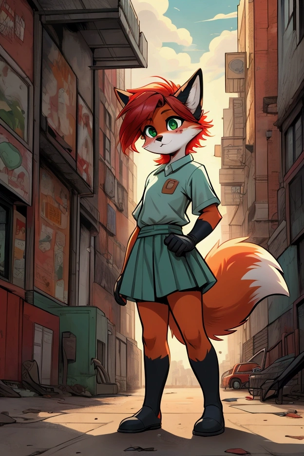 a small bodied anthro fox girl with red hair and seafoam green eyes and orange fur with black glove markings in secondhand boy's clothes playing alone in a lonely urban public playground, in a graphic novel style