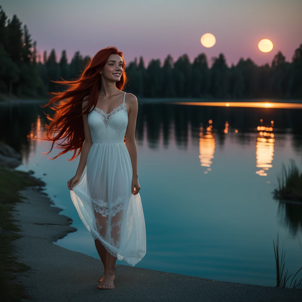 impressionistic,  Photorealistic , hyperrealistic, A beautiful young woman,  shoulder-length bright red hair , freckles,  light smile ,  Photorealistic e,  hyper-realistic , full-body portrait,  black embroidered silky lace elegant mini very transparent evening dress, Schmuck, walks barefoot at the lake , Boot, Moonlight,  sunset, dusk, Stars, Mond, Photorealism, UHD. 